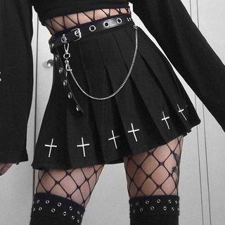 Cross Embroidered Pleated Mini A-line Skirt
