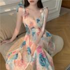 Ribbon-strap Sleeveless Floral Midi Dress