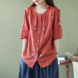 Elbow-sleeve Floral Embroidered Button-up Blouse