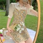 Set: Short-sleeve Shirt + Spaghetti Strap Floral Dress