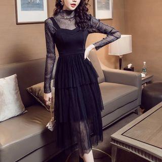 Set: Glitter Mesh Top + Ruffle Spaghetti Strap Dress