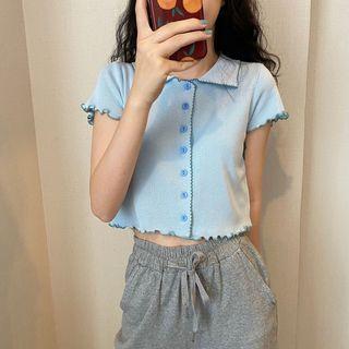 Short-sleeve Collar Button-up Knit Crop Top