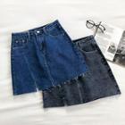 Frayed High-waist Denim A-line Skirt