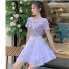 Short-sleeve Striped Ribbon Back T-shirt / A-line Mini Skirt