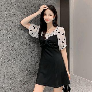 Short-sleeve Heart Pattern Chiffon Paneled A-line Mini Dress