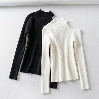 Asymmetric Cutout Shoulder Mock Neck Knit Top