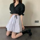 Puff-sleeve Cropped Wrap Blouse / A-line Skirt