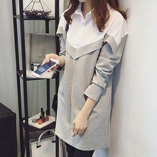 Two-tone Collared Long-sleeve T-shirt Dress