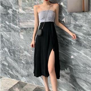 Shirred Tube Top / Midi A-line Slit Skirt