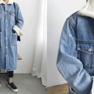 Sherpa-fleece Lined Denim Long Jacket