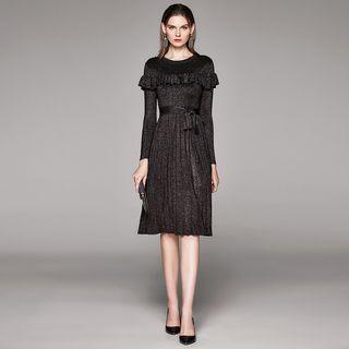 Long-sleeve Knit A-line Dress Coffee - One Size
