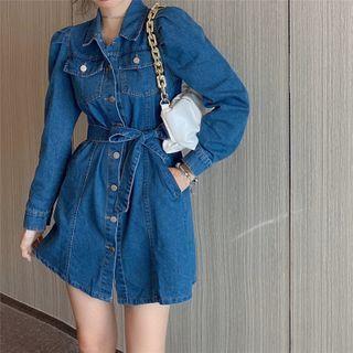Long-sleeve Denim Mini A-line Shirt Dress Blue - One Size