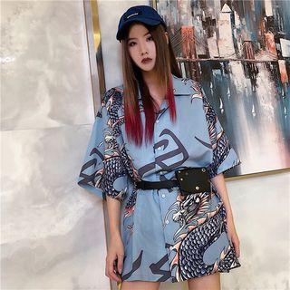 Elbow-sleeve Dragon Print Shirt Blue - One Size