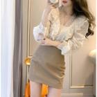Long Sleeve Ruffled Lace Blouse / Faux Leather Mini Skirt