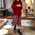 Floral Print Long Sleeve Chiffon Dress / Slit-side Cable Knit Sweater