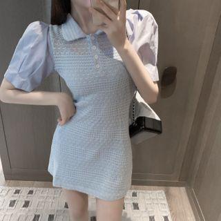 Puff-sleeve Panel Mini A-line Polo Dress Blue - One Size