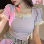 Puff-sleeve Lace Trim Blouse Purple - One Size