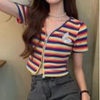 Short-sleeve Striped Zip-up Crop Top Sky Blue & Yellow & Dark Blue - One Size