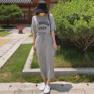 Set: Letter-printed T-shirt + Drawstring-waist Skirt