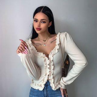 U-neck Frill-trim Ribbed Crop Top