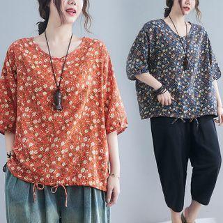 Floral Drawstring-hem T-shirt