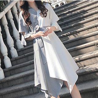 Striped Panel Tie-waist Hanky Hem Midi Dress