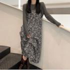 Long-sleeve Plain Cropped Knit Sweater / Floral Spaghetti-strap Dress