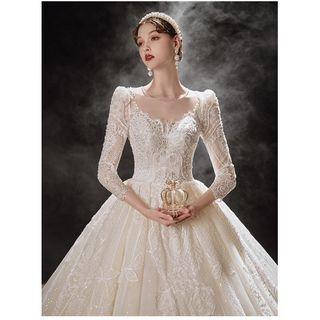 Long-sleeve Embellished Lace A-line Wedding Gown