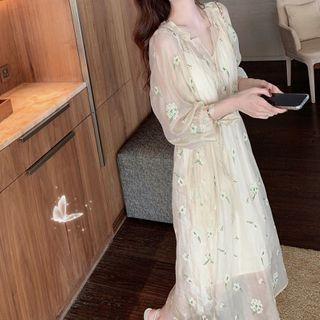 Elbow-sleeve Floral Embroidered Mesh A-line Midi Dress