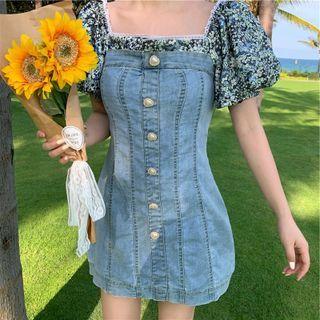 Short-sleeve Floral Print Denim Panel Mini Dress