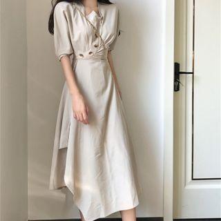 Irregular Hem Puff-sleeve Midi A-line Dress
