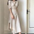 Irregular Hem Puff-sleeve Midi A-line Dress