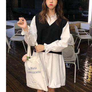 Plain Long-sleeve Shirtdress / Knit Vest