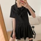 Collared Short-sleeve Top / Pleated Mini A-line Skirt