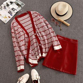 Set: Patterned Cardigan + Faux Leather Skirt