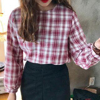 Plaid Long-sleeve Blouse / Slit Pencil Skirt