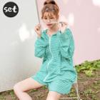 Set: Loose-fit Stripe Zip-up Hoodie + Shorts