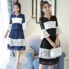 Set: Color Block Bell-sleeve Lace Top + Lace A-line Skirt