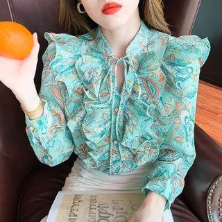 Long-sleeve Paisley Print Ruffled Blouse