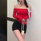 Off-shoulder Halter Strap Long Sleeve Top Red - One Size