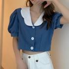 Puff-sleeve Contrast Collar Cropped Blouse