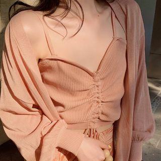 Set: Drawstring Camisole Top + Open Front Knit Jacket