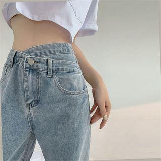 Asymmetrical Mid Rise Washed Wide Leg Jeans