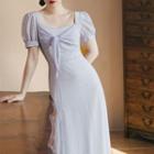 Puff-sleeve Tie-front Gingham Midi A-line Dress