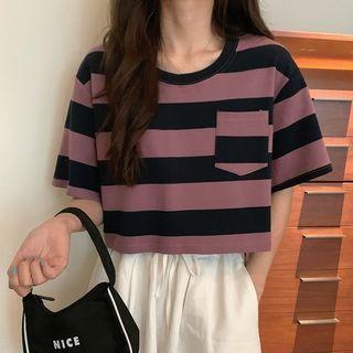 Elbow-sleeve Striped Crop T-shirt