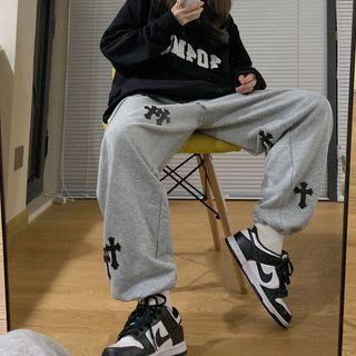 Elastic Waist Wide Leg Cross Print Pants