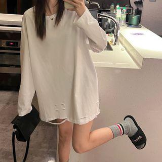 Long-sleeve / Short-sleeve Plain Distressed Hem T-shirt