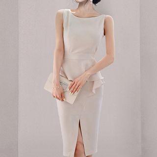 Sleeveless Ruffle Trim Slit Plain Dress
