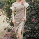 Cap-sleeve Plaid Qipao Dress