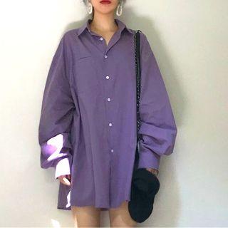 Plain Long-sleeve Loose-fit Shirt Purple - One Size